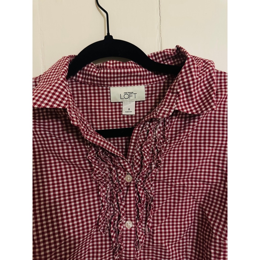 Loft Red Gingham Ruffle Button Front Short Puff S… - image 2